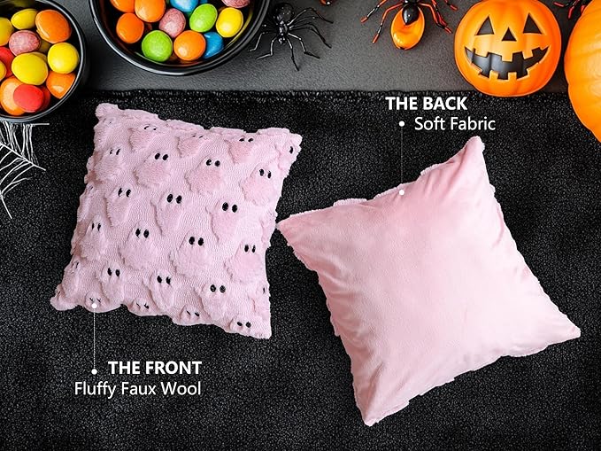4TH Emotion Halloween Ghost Decorative Pillow Covers 16x16 Set of 2, Pink Soft Plush Faux Fur Farmhouse Throw Cushion Cases for Fall Autumn Holiday Home Decorations