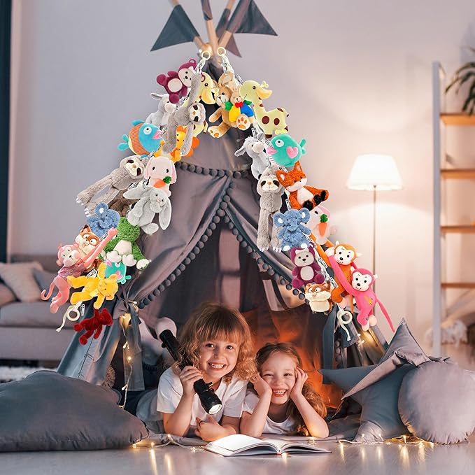 2PCS Stuffed Animal Hammock Corner - 78 Inch Stuffed Animal Storage with 40PCS Clips, Boho Stuff Animal Organizer with Wooden Ring Hanging Stuffed Animal Holder for Wall or Corner Nursery Collection