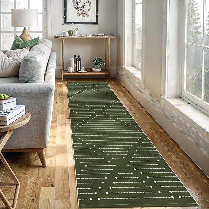 LIVEBOX Green Runner Rug for Kitchen, 2'x8' Boho Washable Rug Runner for Hallway,Moroccan Cotton Long Entryway Area Rug Indoor Carpet for Bedroom Laundry Doorway Entry
