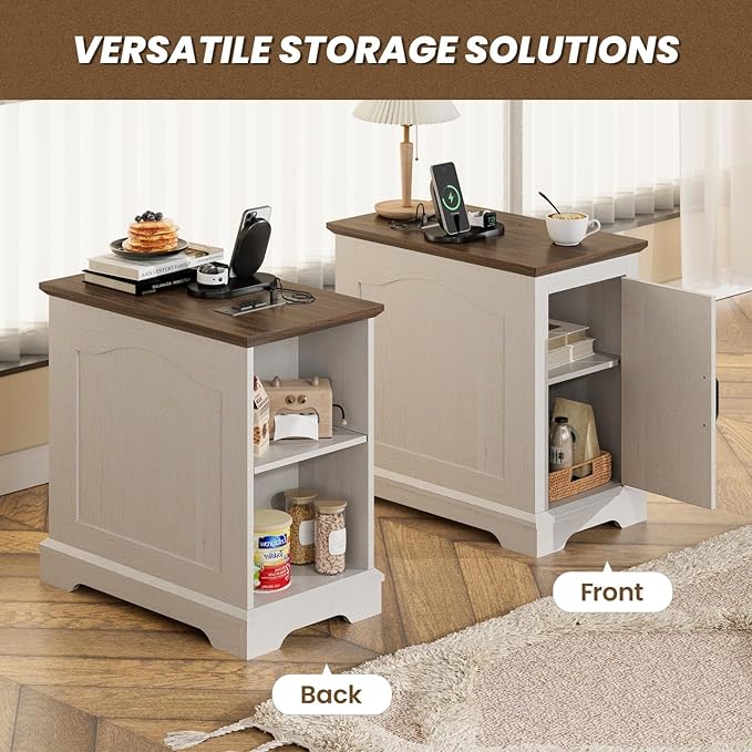 Narrow End Table with Storage, Farmhouse Side Table with Power Outlets & USB Ports, Small Night Stand for Living Room, for Bedroom, Living Room (Wood Door, White & Espresso)