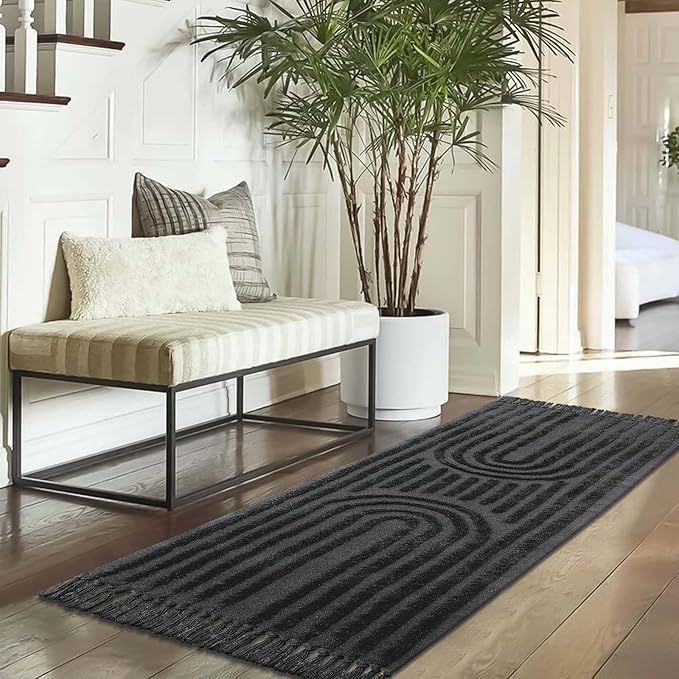 LEEVAN Washable Kitchen Runner Rug 2'X5', Hand-Woven Bathroom Runner Rug with Tassels, Dark Grey Entryway Runner Rug, Tufted Rainbow Bedroom Rug Runner, Farmhouse Hallway Rug for Laundry/Living Room