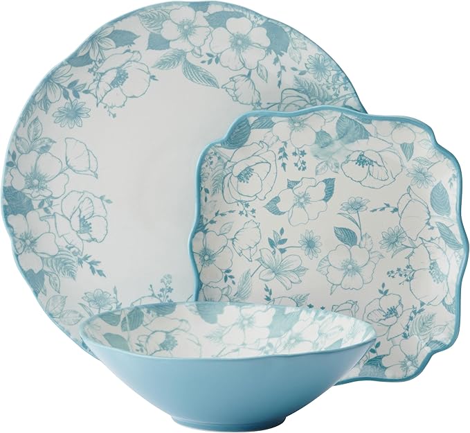 Pfaltzgraff Garden Blossom Floral 12 Piece Plate Bowl Dinnerware Set, Blue