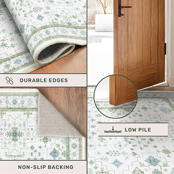 Cream Oushak 6x8 Bedroom Rug - Boho Floral Cool Blue and Green, Washable Low Pile Non-Slip Ultra-Thin Large Area Rugs for Bed Room, Living Room