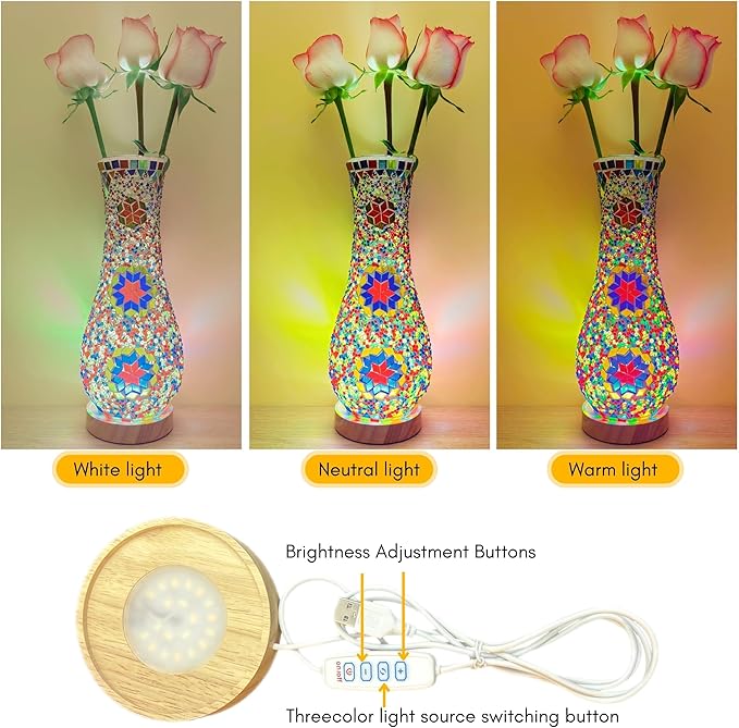 Turkish Moroccan Table Lamp, Mosaic Vase Lamp, Colorful Handmade Glass, Decorative Water-Fillable, Three-Color Light, Fit for Ambient Living Room Farmhouse