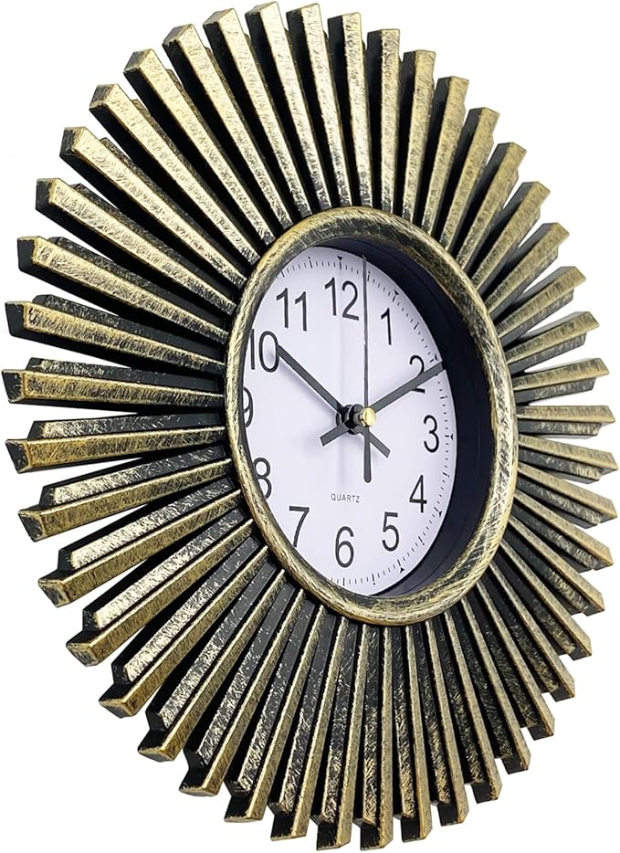 Small Wall Clock 10 Inch, Bronze Analog Battery Operated Wall Clock Vintage Starburst Decorative Clock for Living Room Decor, Bathroom, Kitchen, Office