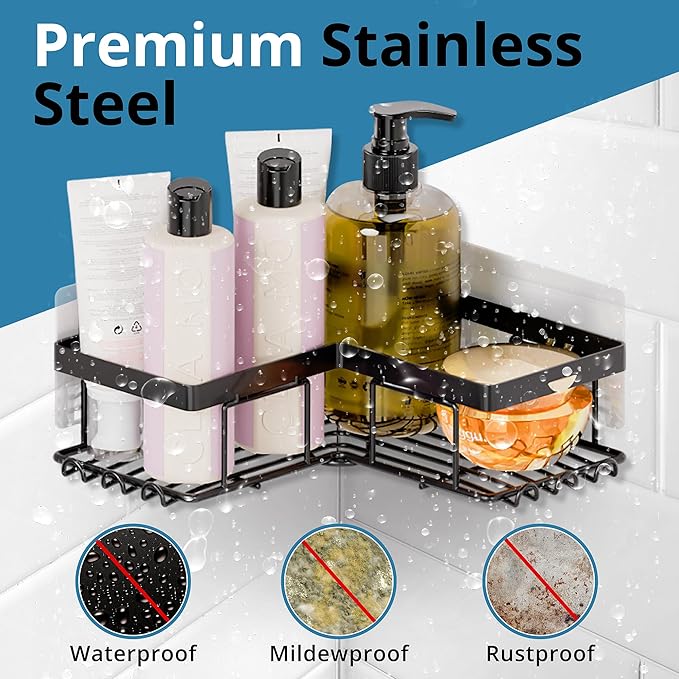 Corner Shower Caddy, 4 Pack Bathroom Organizer with Soap Holder, Brush Holder and 12 Hooks - Rustproof Stainless Steel Shower Shelves - No Drilling Wall Mounted Rack (4 Pack)