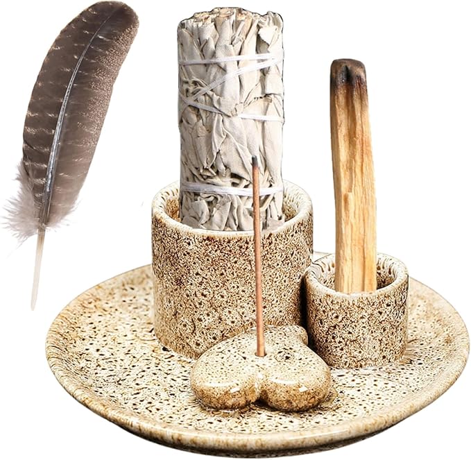 4 in 1 Incense Burner Holder,Incense Sage and Palo Santo Holder,Incense Stick Holder,Ceramic Incense Holder Ash Catcher,for Meditation Room (Brown)
