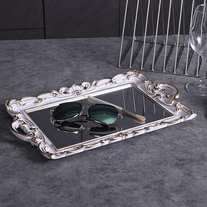 Sooyee Decorative Tray,Bathroom Tray Decor, 15.5x9.6 Mirror Serving Tray with Handle for Dessert Table,Coffee Table,Vanity,Home Decor,White and Gold