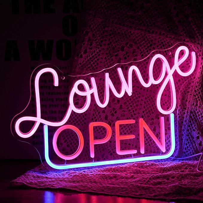 Dimmable Lounge Open Neon Sign Led Lounge Neon Lights for Wall Decor Cool Letter LED Sign Business Light Up Signs for Bar Store Hotel Party Decoration(16.7’’X10.4’’)
