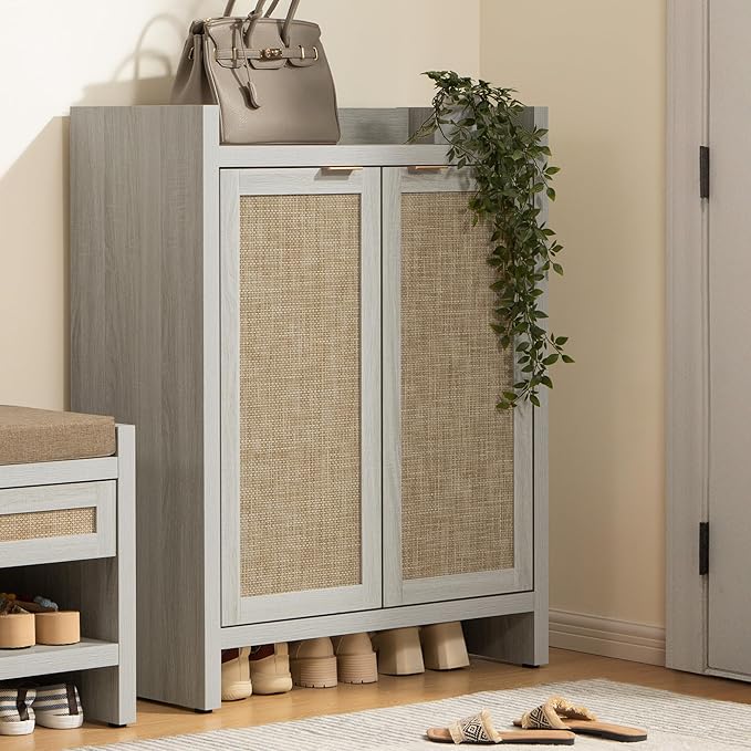 SICOTAS Shoe Cabinet, 24 Pair Shoe Storage Organizer Cabinet, 41" Tall Rattan Shoe Cabinet with Doors and Shelves, 6-Tier Farmhouse Boho Wooden Storage Cabinet for Entryway Hallway, Whitish-Gray Oak