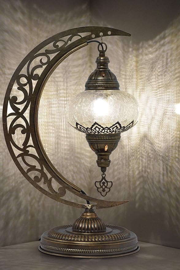 mozaist Turkish Lamp, Unique Lamps, Moon Shaped Mosaic Table Lamp, Moroccan Handmade Antique Bohemian Vintage Lamp Shade, Tiffany Desk Bedside Stained Glass Lamp with US Plug and E12 Socket
