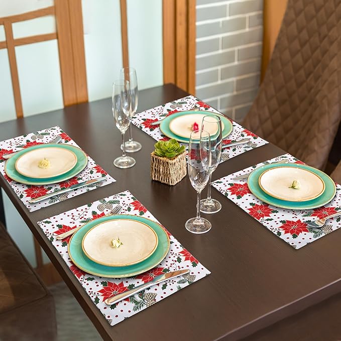 Urban Villa ChristmasPlacemats Pine Cone Print 100% Cotton Fused Placemats 14''x 20'' Over Sized Set of 6 Every Day Use Heavier QualityPlacemats