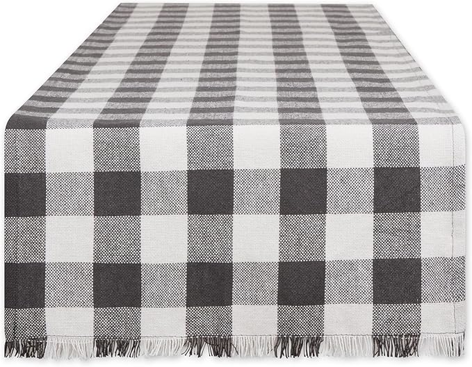 DII Heavyweight Fringed Check Tabletop Collection, Table Runner, 14x72, Mineral