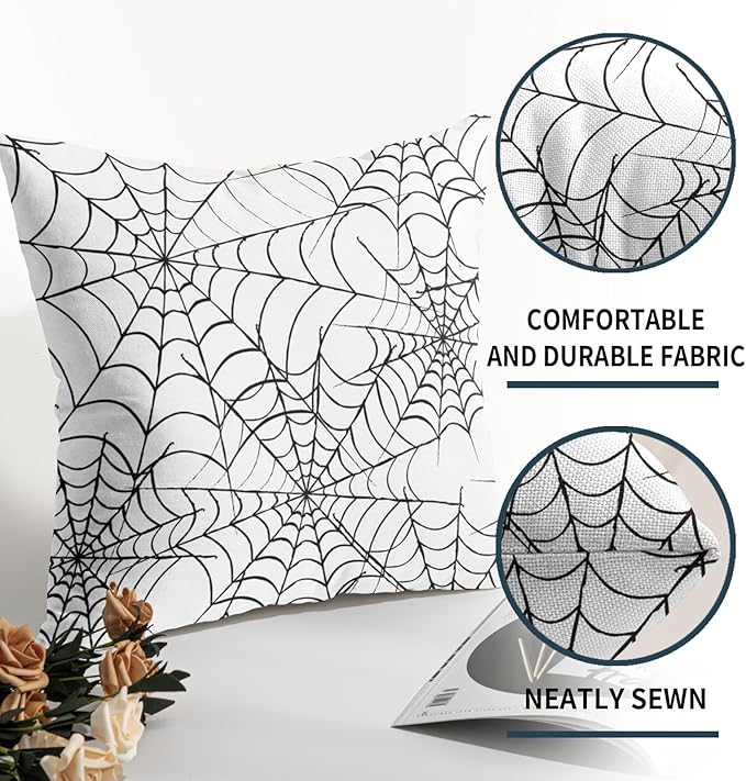 Halloween Spiderweb Pillow Covers 24x24 Set of 2 White Black Web Outdoor Decorative Throw Pillows Halloween Scary Themed Farmhouse Pillowcases Linen Cushion Case Decor for Home Sofa Couch Bed