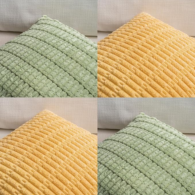 Fancy Homi Set of 4 Spring Boho Decorative Throw Pillow Covers 16x16 Inch for Couch Bed Sofa, Sage Green Yellow Room Decor, Soft Fuzzy Fluffy Cozy Corduroy Textured Cushion Case 40x40cm