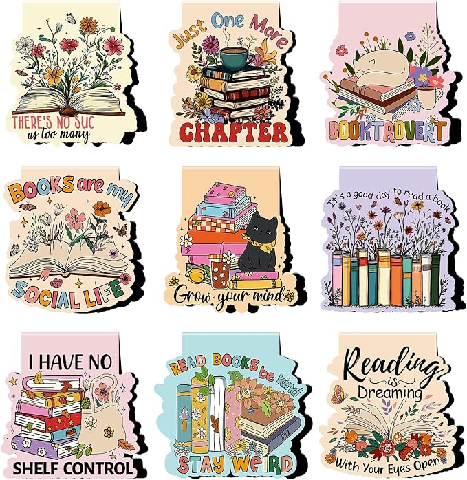 Book Lover Magnetic Bookmark - 9Pcs Flower Book Mark Magnets Cute Cat Floral Bookmarks Magnetic Bookish Magnets Book Markers Page Clip Gifts for Women Teen Students Teacher Reading Office