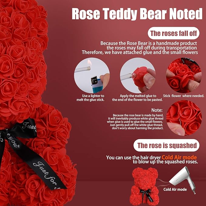 RECUTMS Rose Teddy Bear, 10 inch Flower Bears with Lights, Lighted Up Foam Artificial Floral for Valentines Day, Mothers Day Wedding Anniversary Birthday Halloween Home Bedroom Decoration(A-Purple
