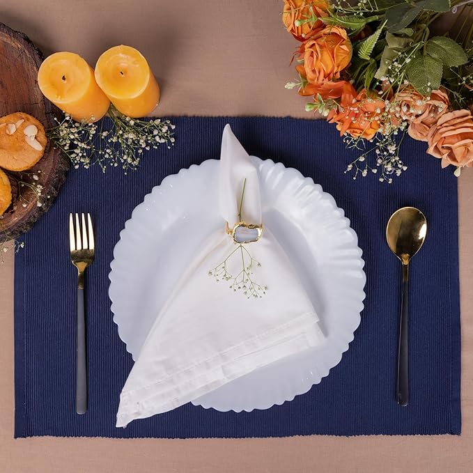 Blue Depths Placemats Set of 6, Cotton Ribbed Tabletop, Non-Slip Wrinkle Free Kitchen Table Mats for Dining Table, 13x19 Inch