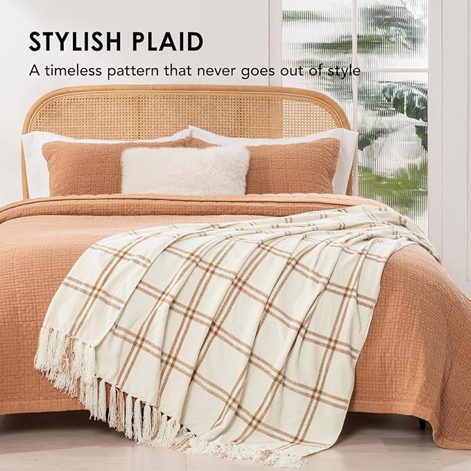 EVERGRACE Plaid Chenille Throw Blanket for Couch, Super Soft Cozy Decorative Windowpane Grid Plaid Throw with Tassels, Lightweight Chenille Knit Throw for Bed Sofa Gift, Cream & Beige 50"x60"