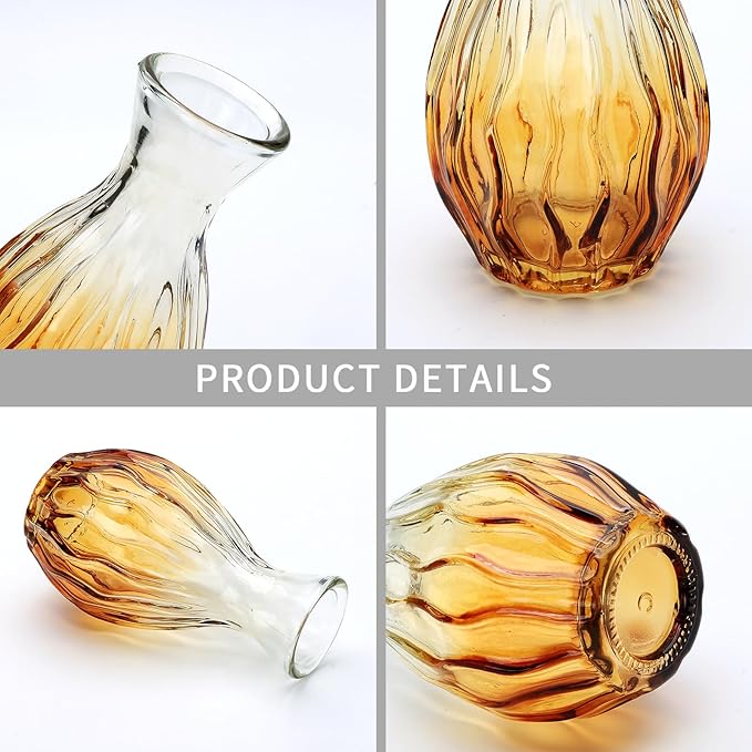 Mapoxy Glass Bud Vases Set of 4,Small Brown Flower Vases for Wedding Centerpiece Table Decorations,Clear Vintage Embossed Mini Vases,Flower Arrangements in Vases for Party or Home Decor