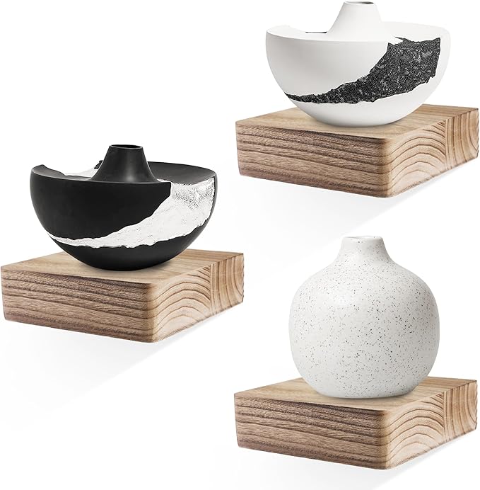 Small Floating Shelf,Set of 6 Inch Display Ledges for Wall,Mini Shelves,Rustic Wood Shelf for Bedroom Living Room Bathroom Kitchen (3 pcs, Carbonized Black)