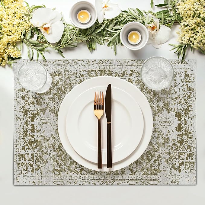 Gray Olive Green Boho Placemats Set of 6 Ethnic Bohemian Carpet Place Mats Washable Kitchen Dining Vintage Grey Geography Floral Linen Table Mats Stain Heat-Resistant for Home Party Indoor 12x18 in