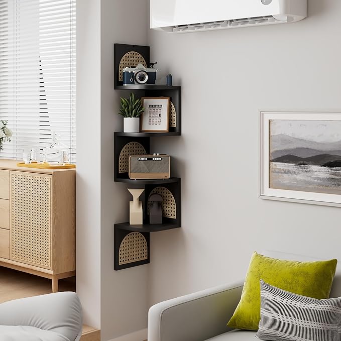 4-Tier Corner Shelves - Zig Zag Rattan Wall Shelf, Black Corner Shelf Wall Mounted, Floating Shelves for Bedroom, Bathroom & Living Room