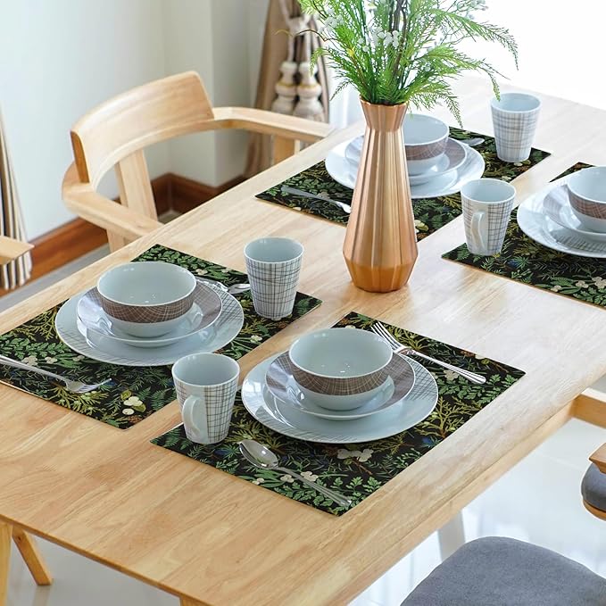 Green Leaves Placemats Set of 4 Botanical Fern Leaf Floral Place Mats Washable Kitchen Dining Spring Summer Black Linen Table Mats Stain Heat-Resistant for Home Party Indoor 12x18 in