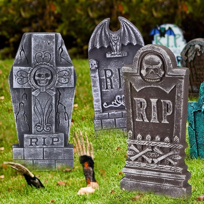 17” Halloween Foam RIP Graveyard Tombstones, 5 Pack Tombstone with 10 Metal Stakes for Halloween Decorations