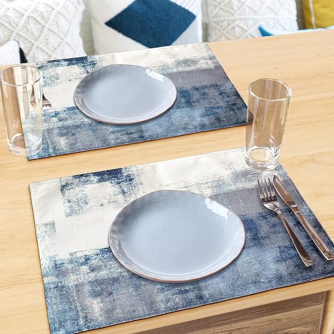 Blue Abstract White and Grey Modern Art Placemats Set of 4, Heat Resistant Non-Slip Artwork Dining Placemats, Washable Place Mats for Home Kitchen (18"X12")