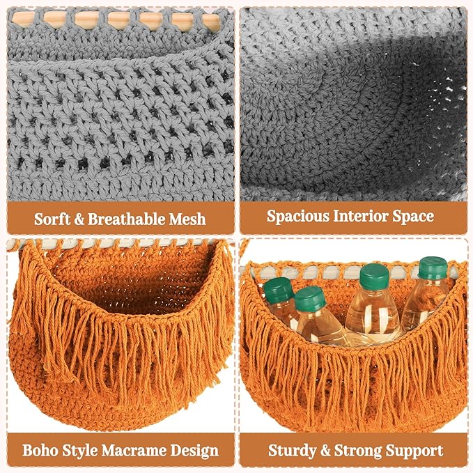4 Tier Hanging Fruit Basket for Kitchen, 4 Pack Detachable Cotton Crocheted Wall Hanging Basket Over Door Organizer for Fruit Veggie Plant, Hanging Shelves for Bedroom Bathroom (Mixed Color)