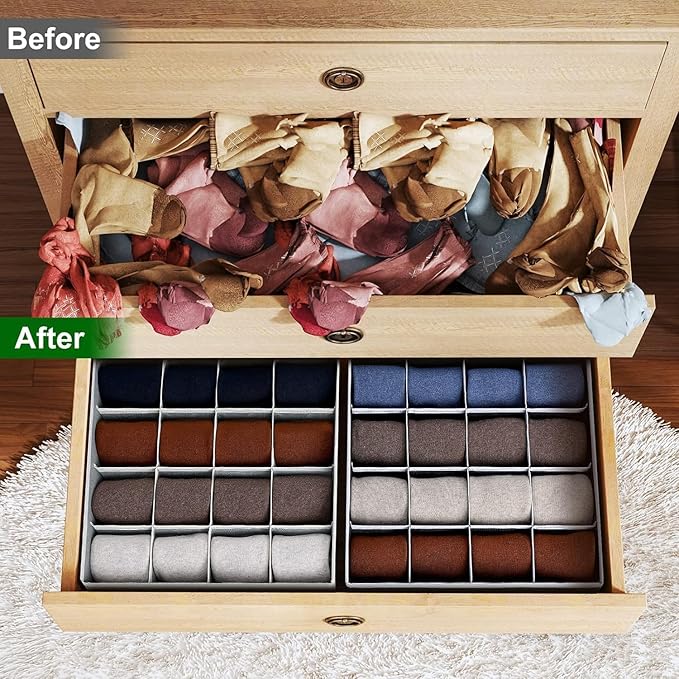 Joyoldelf Sock Drawer Organizer Divider Underwear Organizer 16-cell Fabric Dresser Drawer Organizers Storage Boxes for Socks Lingerie, Handkerchiefs, Ties 4 Pack (Black)