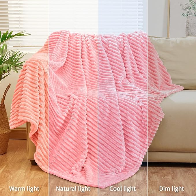Bnuitland Light Pink Flannel Throw with Storage Pouch,300GSM Super Soft Fleece Stripe Pattern Sofa Blanket for Adults and Kids, Lightweight Cozy Bed Throw for Home Decor All Season