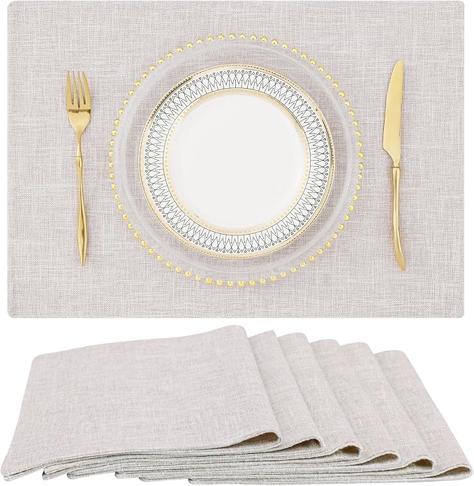 homing Neutral Beige Cloth Placemats Set of 6 – Cotton Linen Blend Washable Farmhouse Dining Table Mats for Indoors & Outdoors, Easy to Clean, 13 x 19 Inch