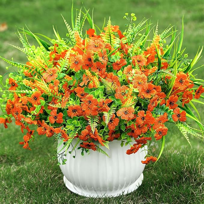 24 Bundles Artificial Flowers for Outdoors Spring Summer Decoration, UV Resistant Eucalyptus Violet and Lavender Silk Fake Plants for Outside Indoor Yard Home Patio Porch Decor, Orange