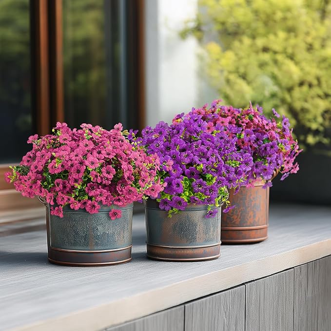 24 Bundles Artificial Flowers for Outdoors Decoration, UV Resistant Silk Violet Faux Colorful Daisy Eucalyptus Fake Plants for Outside Indoor Yard Home Patio Porch Decor, (Purple & Rosered)