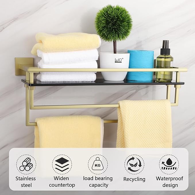 Bathroom Glass Shelf with Bars 20-Inch Floating Tempered Glass Shelves with 2 Towel Rails Cologne Shelf for Men Shower Bath Storage Glass Rack Wall Mount Heavy Duty Black and Gold,A7617GK