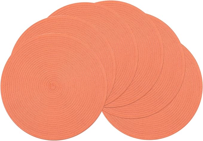 SHACOS Round Braided Placemats Set of 6 Washable Cotton Polyester Round Placemats for Kitchen Table 15 inch Round Table Mats (Coral, 6)