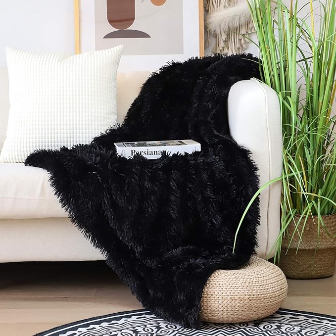 Tuddrom Decorative Extra Soft Faux Fur Throw Blanket 50" x 60",Reversible Fuzzy Long Hair Shaggy Throw Blankets, Fluffy Cozy Plush Fleece Comfy Microfiber Fur Blanket for Couch Sofa Bed, Black