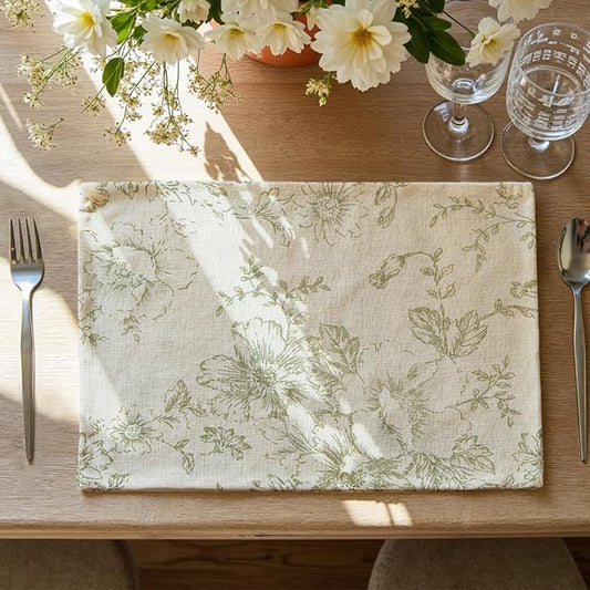 JINCHAN Floral Placemats Set of 4 Farmhouse Fall Autumn Linen Placemats Cloth Table Mats Holiday Seasonal Rustic for Kitchen Dining Table Decor Heat Resistant Washable Tablemats 13x19 Inch Green