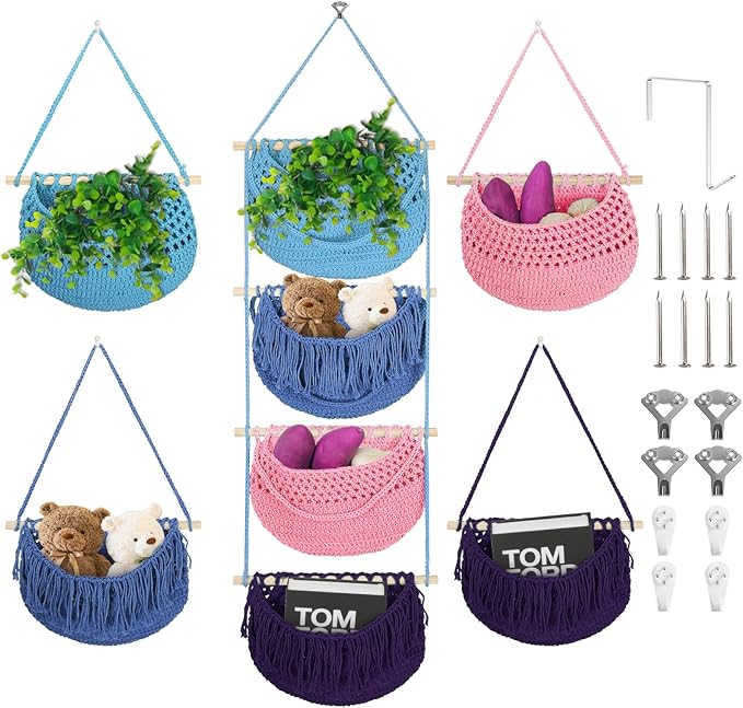 4 Tier Hanging Fruit Basket for Kitchen, 4 Pack Detachable Cotton Crocheted Wall Hanging Basket Over Door Organizer for Fruit Veggie Plant, Hanging Shelves for Bedroom Bathroom (Mixed Color)