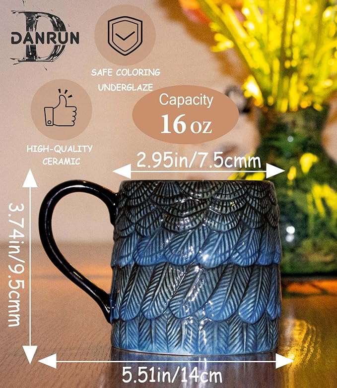 16 oz Coffee Mugs with Handle - Vintage Ceramic Tea Cup Reusable for Pour Over Coffee Lover Gifts - Aesthetic Flat Bottom Tea Mug with 3D Feather Engraving, Microwave & Dishwasher Compatible