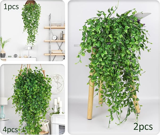 Artificial Hanging Plants 4pcs 33-in Fake Hanging Plant Faux Ivy Vine Leaves UV Resistant Plastic Wall Greenery Plants for Indoor Outdoor Home Garden Wedding Jungle Party Patio Office Shelf Decor