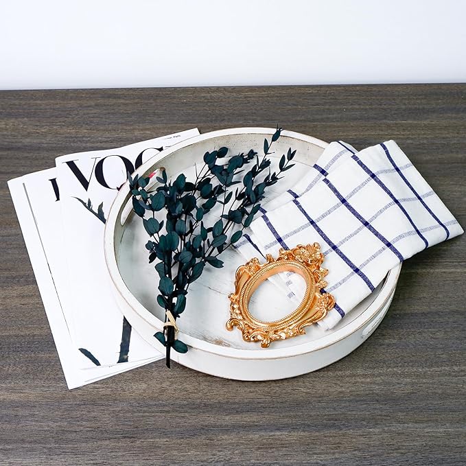Round Wood Decorative Tray, Wooden Tray for Ottoman Coffee Table, White Washed Tray, Rustic Table Centerpiece Trays for Home Kitchen Farmhouse Table Decor (Round)
