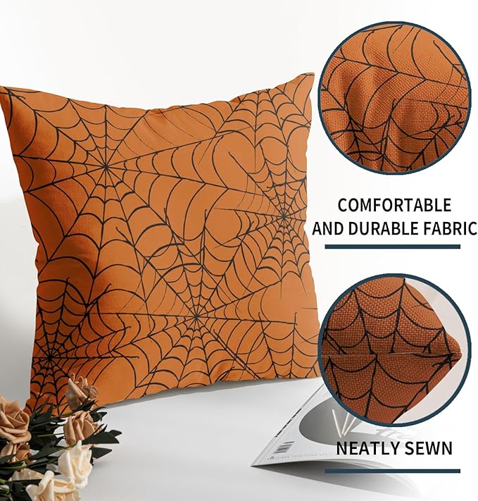 Halloween Spiderweb Pillow Covers 24x24 Set of 2 Burnt Orange Black Web Outdoor Decorative Throw Pillows Halloween Scary Themed Farmhouse Pillowcases Linen Cushion Case Decor for Home Sofa Couch Bed