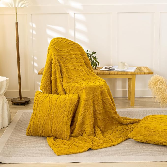 YUSOKI Sherpa Throw Blanket(Without Pillows)-3D Stylish Design Super Soft Cozy Blanket Thick Plush Fluffy Blankets for Teen Girls Women Couch Bed Sofa Chair Men Boys Gift(Mustard Yellow,50"x65")