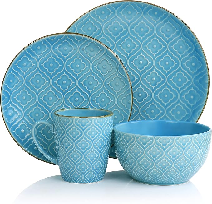 Elama Aqua Lily 16 Piece Luxurious Stoneware Dinnerware with Complete Setting for 4