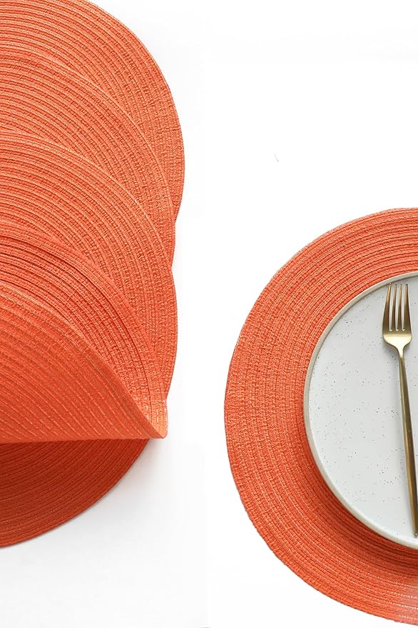 Floroom 15 Inch Round Braided Placemats Set of 4, Washable Heat Resistant Cotton Polyester Circle Place Mats for Kitchen Dining Table - Coral Orange