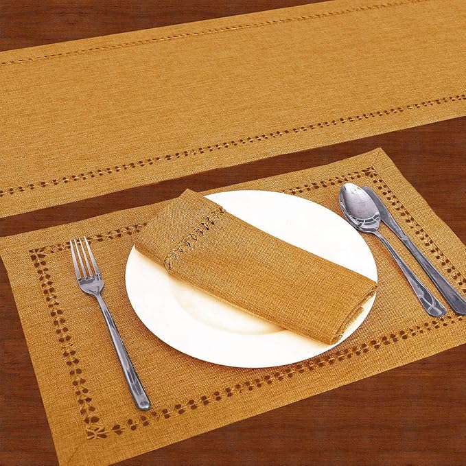 Grelucgo Handcrafted Solid Color Dining Table Runner, Dresser Scarf, Double-Hemstitched (Mustard Gold, 14 x 48)