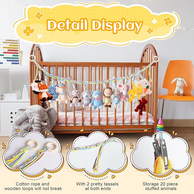 Hanging Stuffed Animal Storage Hammock - 78 Inch Stuffed Animal Hammock Corner with 20 PCS Metal Clips, Boho Stuffed Animal Net with Wooden Ring Macrame Stuff Animal Organizer for Room Decor